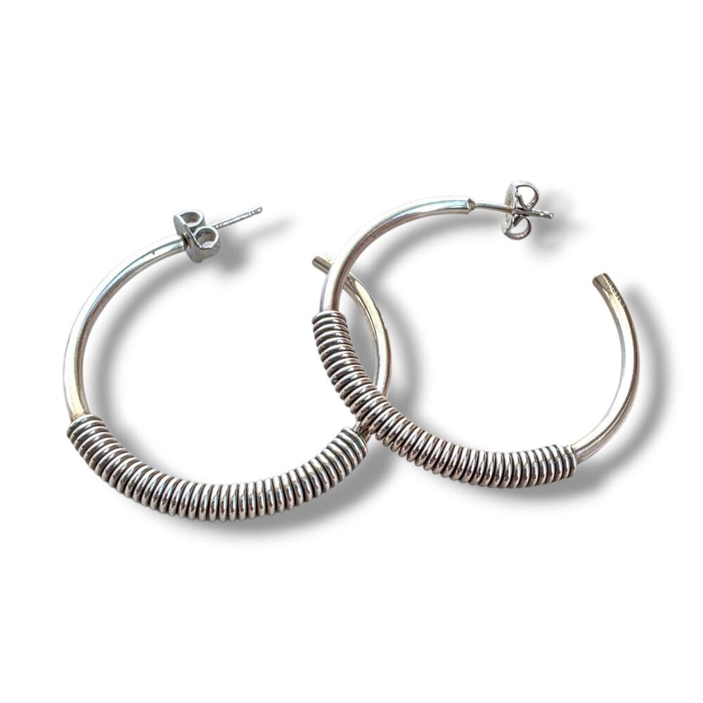 Sterling Silver 925 Hoop Earrings Coil Signed Stamped Vtg 1.25"